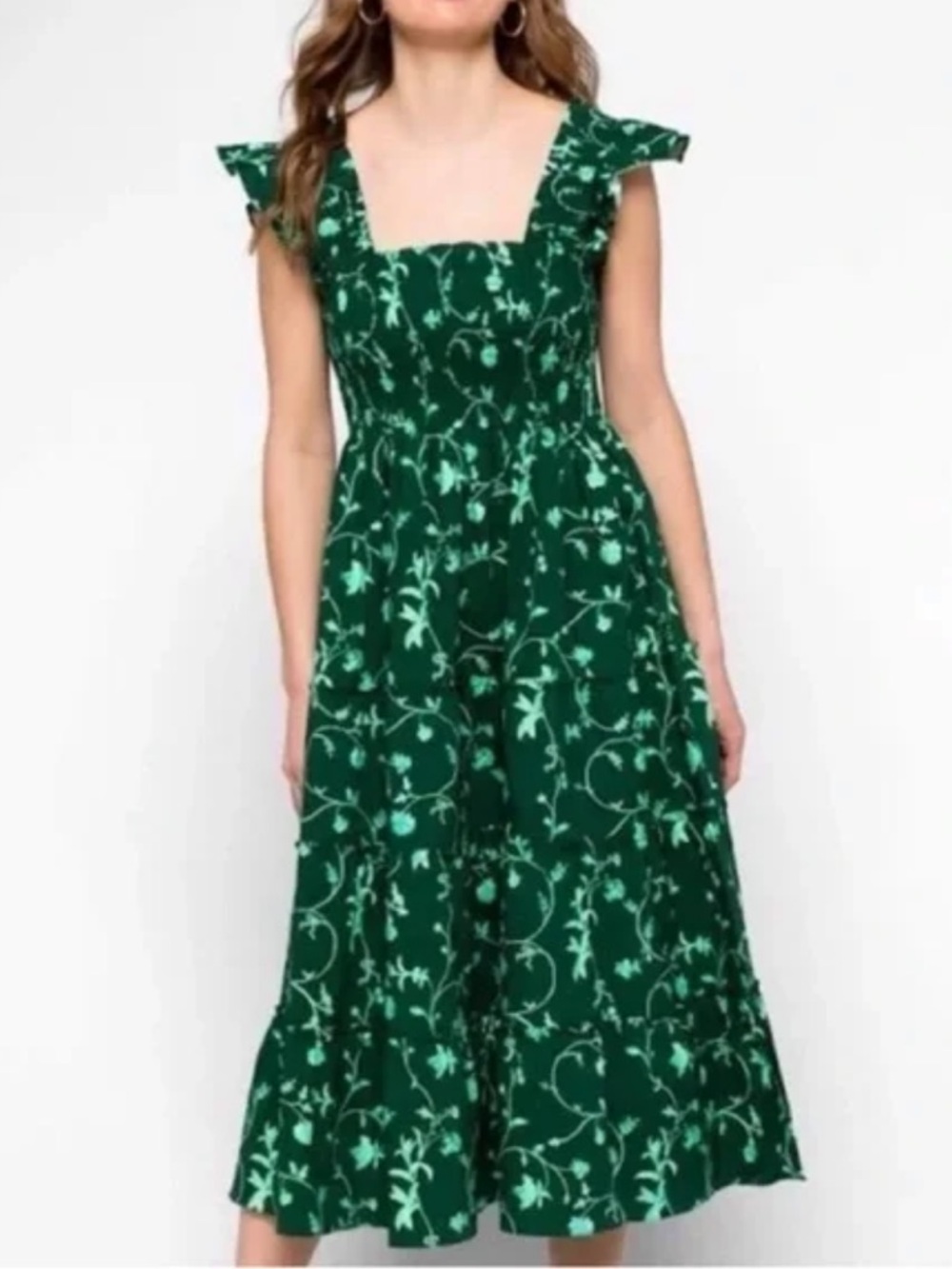 Hill House Green Floral Square-Neck Midi Dress